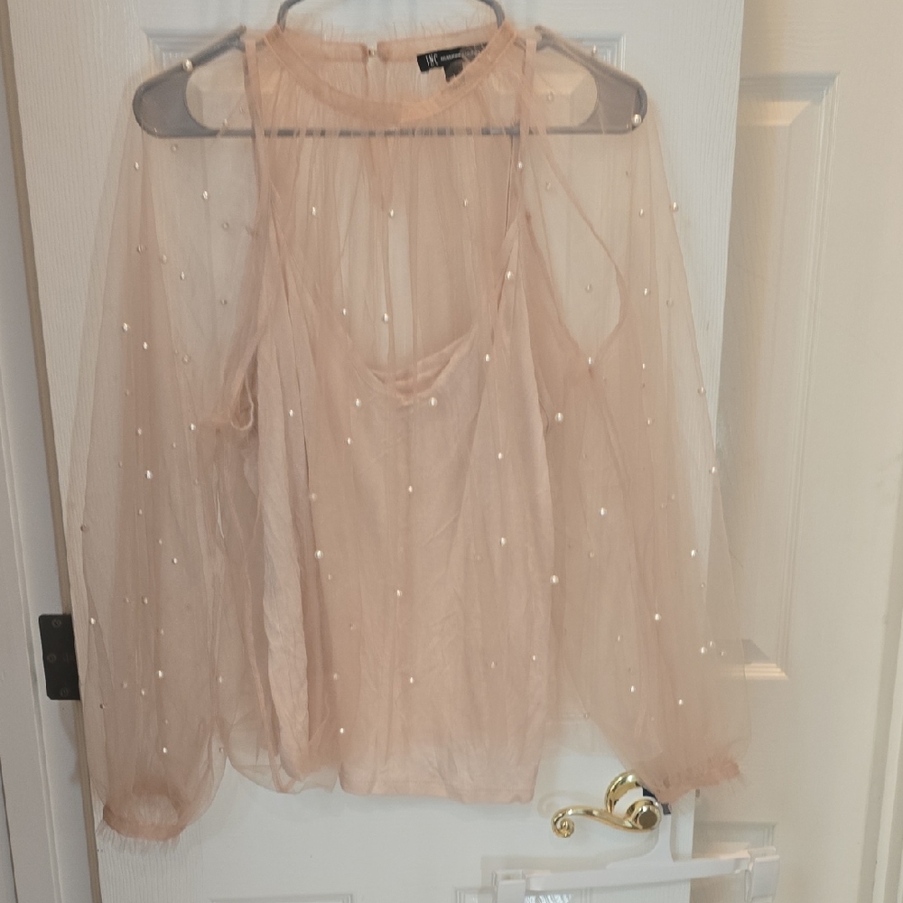 INC International Concepts Blush Sheer Blouse with Pearl Accents
